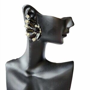 Weiss Signed Black Clear Rhinestones Clip On Vintage Earrings 1.5"